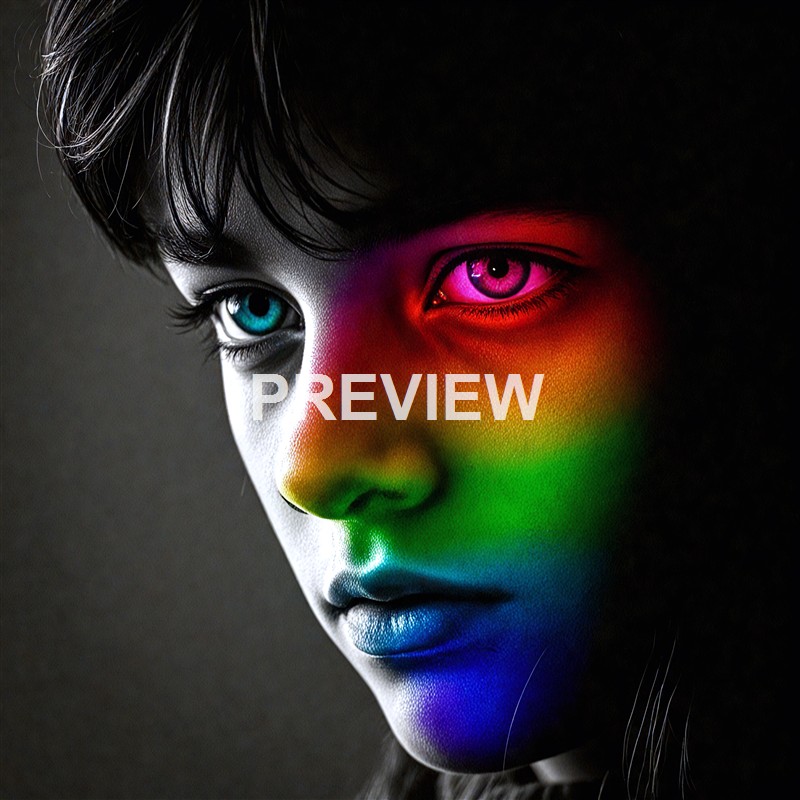 A close-up of a person's face with half of it illuminated by rainbow-colored light, highlighting their blue and pink eyes, with dark hair and a neutral expression.
